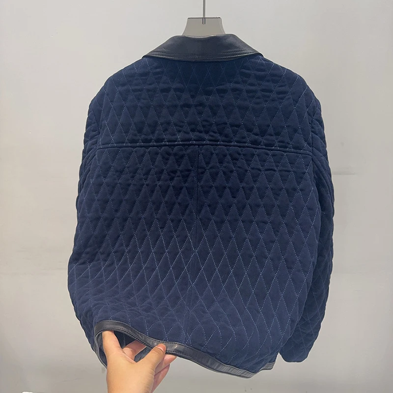 Women's Natural Sheepskin Coat Vintage Kid Suede Stitching Leather Lapel Zipper Rhombic Lattice Cotton-Padded Quilted Jacket