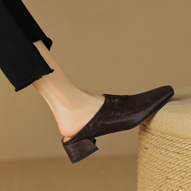 Genuine Leather Shoes Women Square Toe Chunky Heel Women Mules Concise Sheepskin Women Slippers Black Handmade Shoes for Women