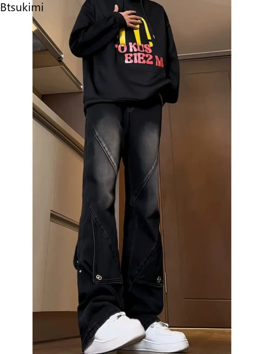 New Men's Black Gothic Baggy Cargo Jeans Vintage Splice Flare Pants Spring Autumn Hip Hop Denim Trousers Y2k Harajuku Streetwear