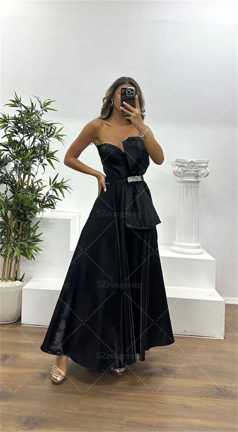 Vestido de noche drapeado con cuello de corazón de princesa hecho a medida, corte en A, largo hasta el té, vestido de fiesta de graduación sin espalda fruncido con lazo