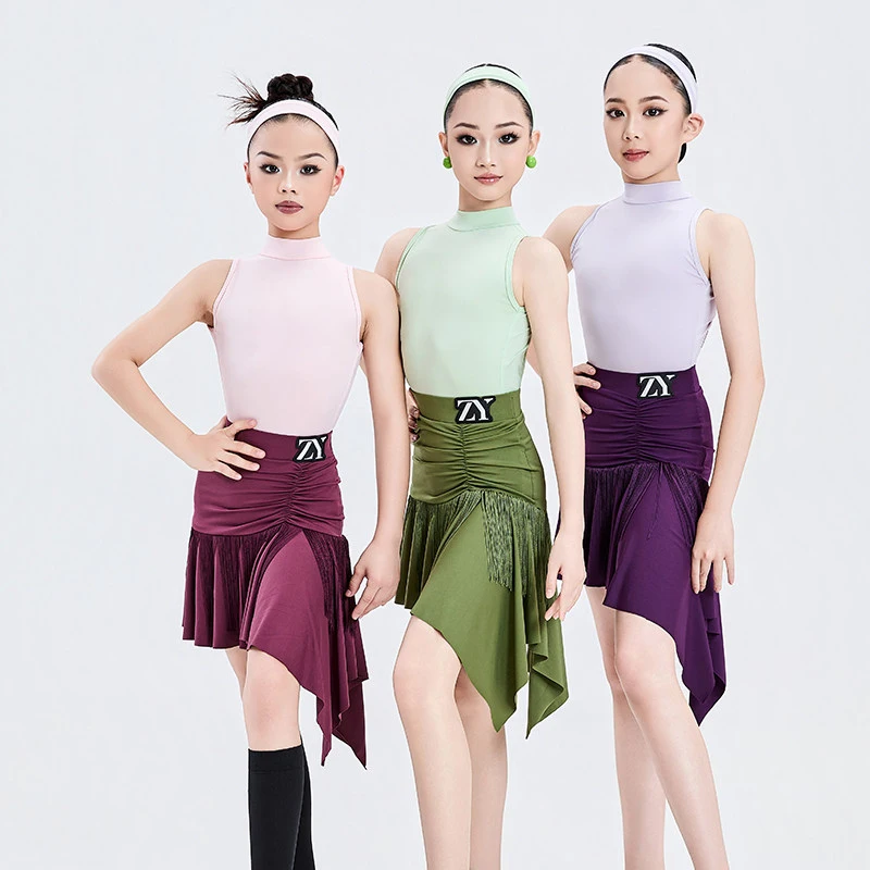

2026 New Girls Latin Dance Costume Sleeveless Top Irregular Skirt Split Suit Chacha Samba Practice Competition Clothes DQL12779