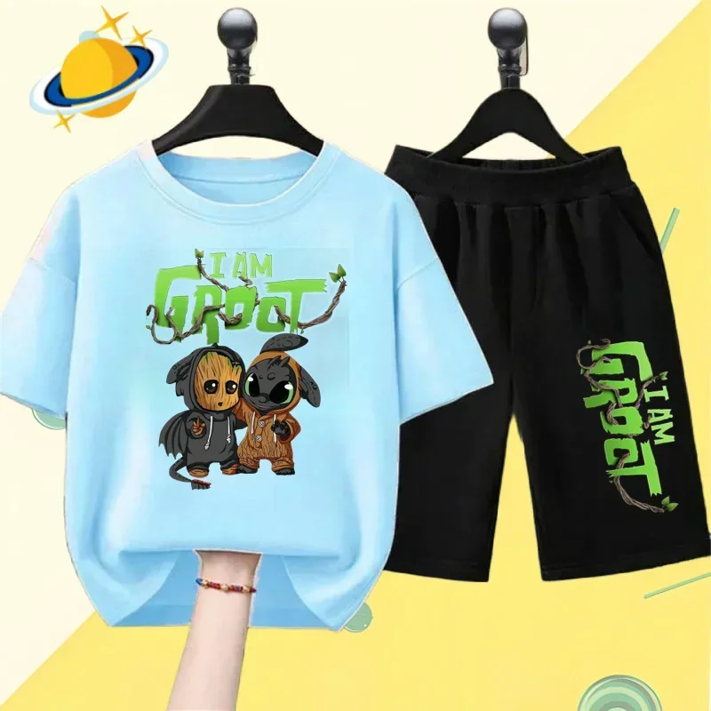 Gru Kids T-shirt Set Guardians of the Galaxy Cartoon Print Boys Sports Short sleeve shorts Girls casual top Kawaii shirt