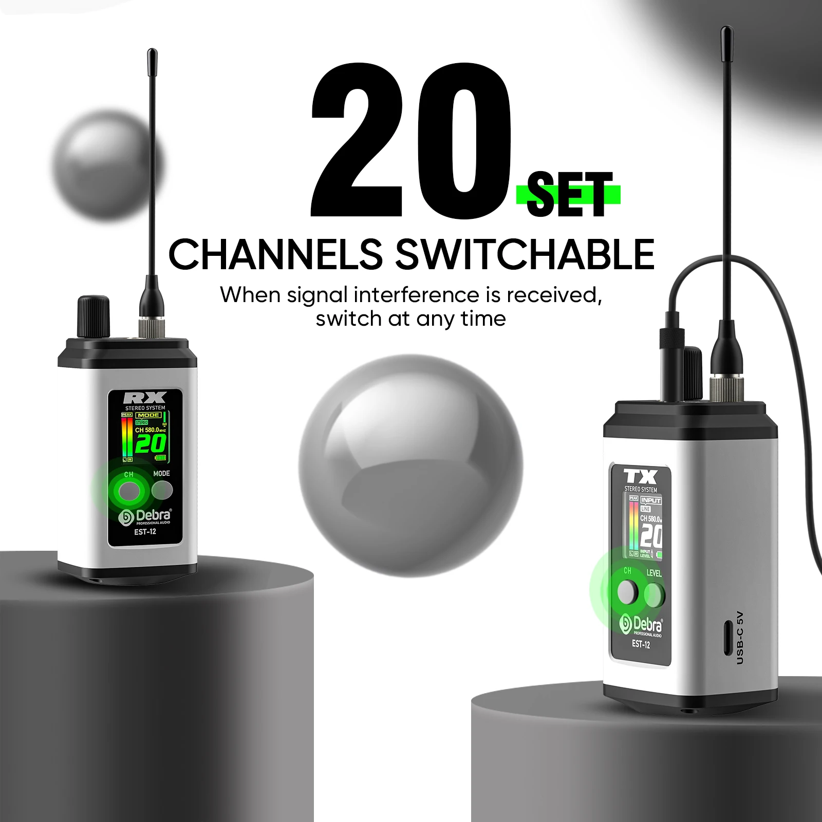 Debra EST-12 نظام مراقبة لاسلكي UHF ستيريو داخل الأذن ثنائي القناة محمول قابل لإعادة الشحن 560 ~ 590 ميجا هرتز