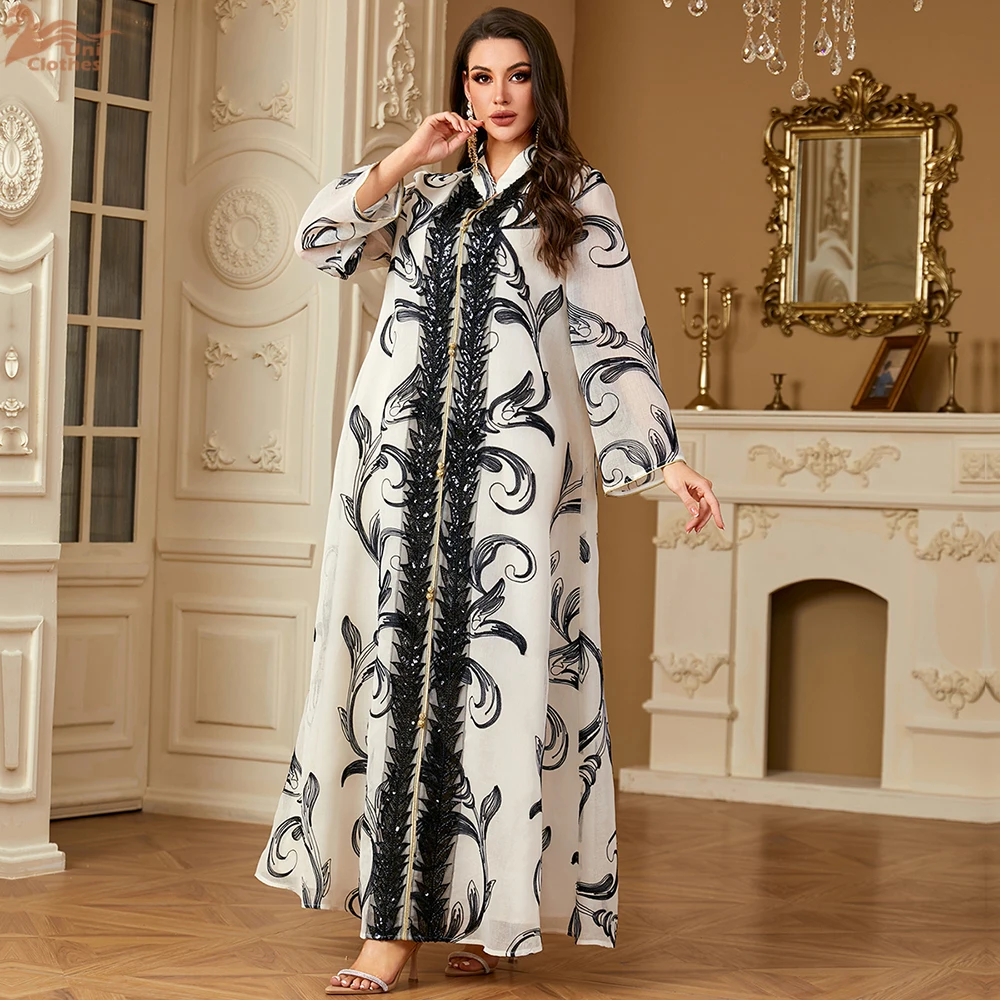 Nuevo bordado Abayas Marruecos lentejuelas Maxi vestidos Kaftan malla estampado Floral ropa musulmana para mujeres