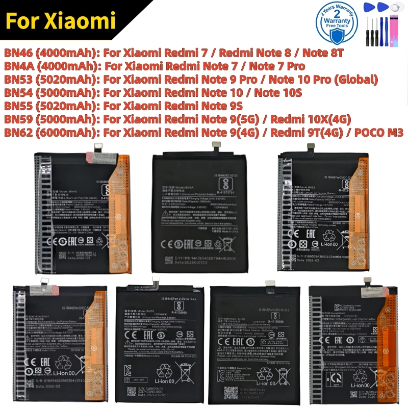 100% New BN46 BN4A BN53 BN54 BN55 BN59 BN62 Battery For Xiaomi Redmi Note POCO M3 7 8 8T 9 9T 9S 10 10S 10X 4G 5G Pro Batteries