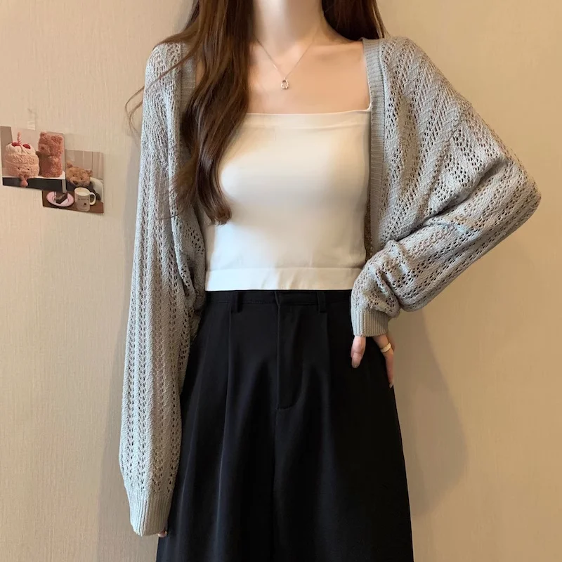 Pointelle tricot ouvert devant Cardigan pour femmes haut court haussement d'épaules Cardigan pull veste printemps été adolescente Y2K tenue