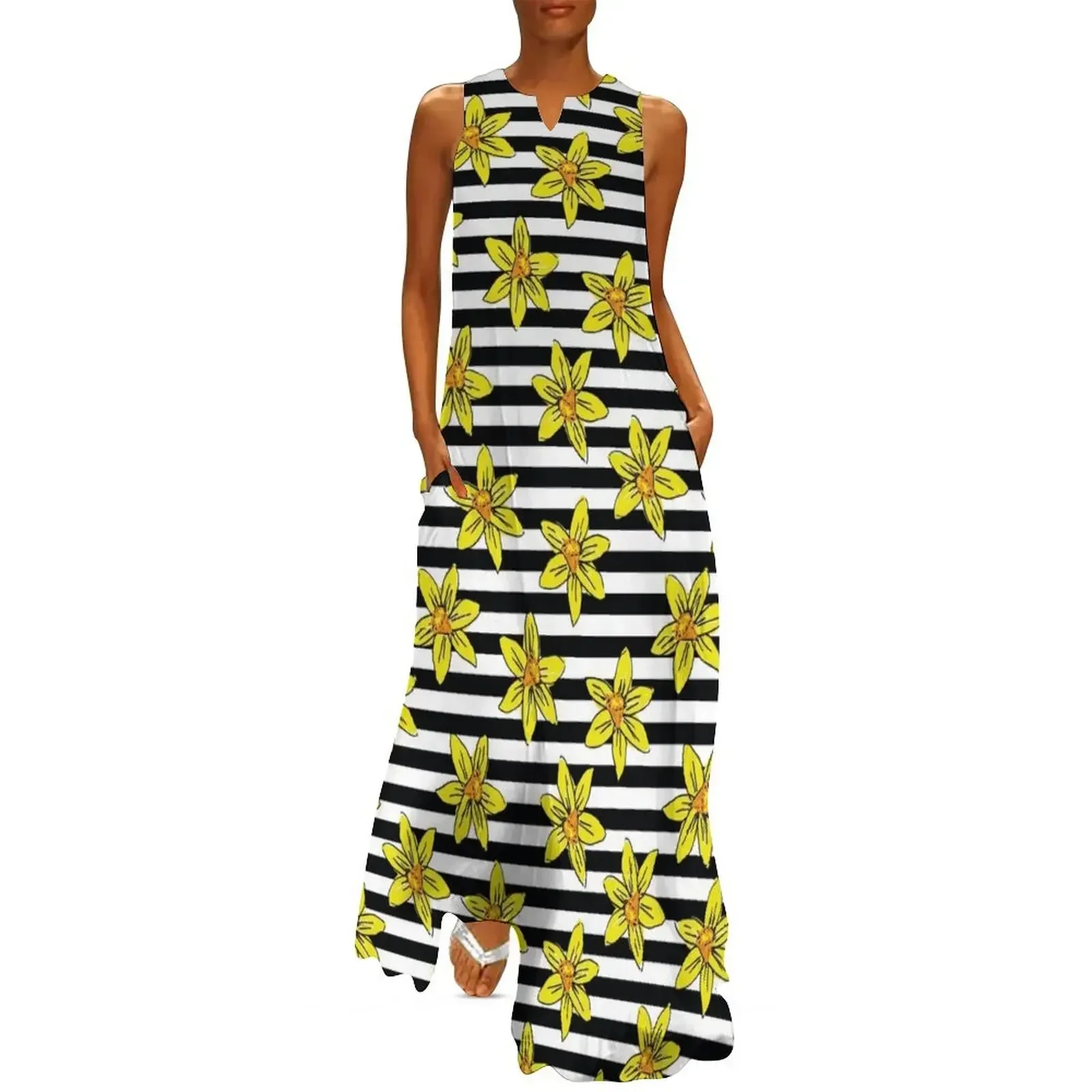 

Zebra Stripe Daffodil flower print Long Dress women's luxury party dress summer dresses luxury dresses Dress