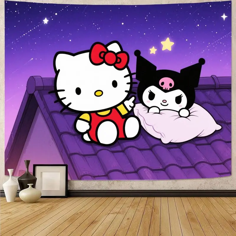 

Sanrio Hello Kitty & Kuromi милый мультяшный гобелен аниме полиэстер настенное искусство Kawaii спальня декор в общежитии подарок для фанатов