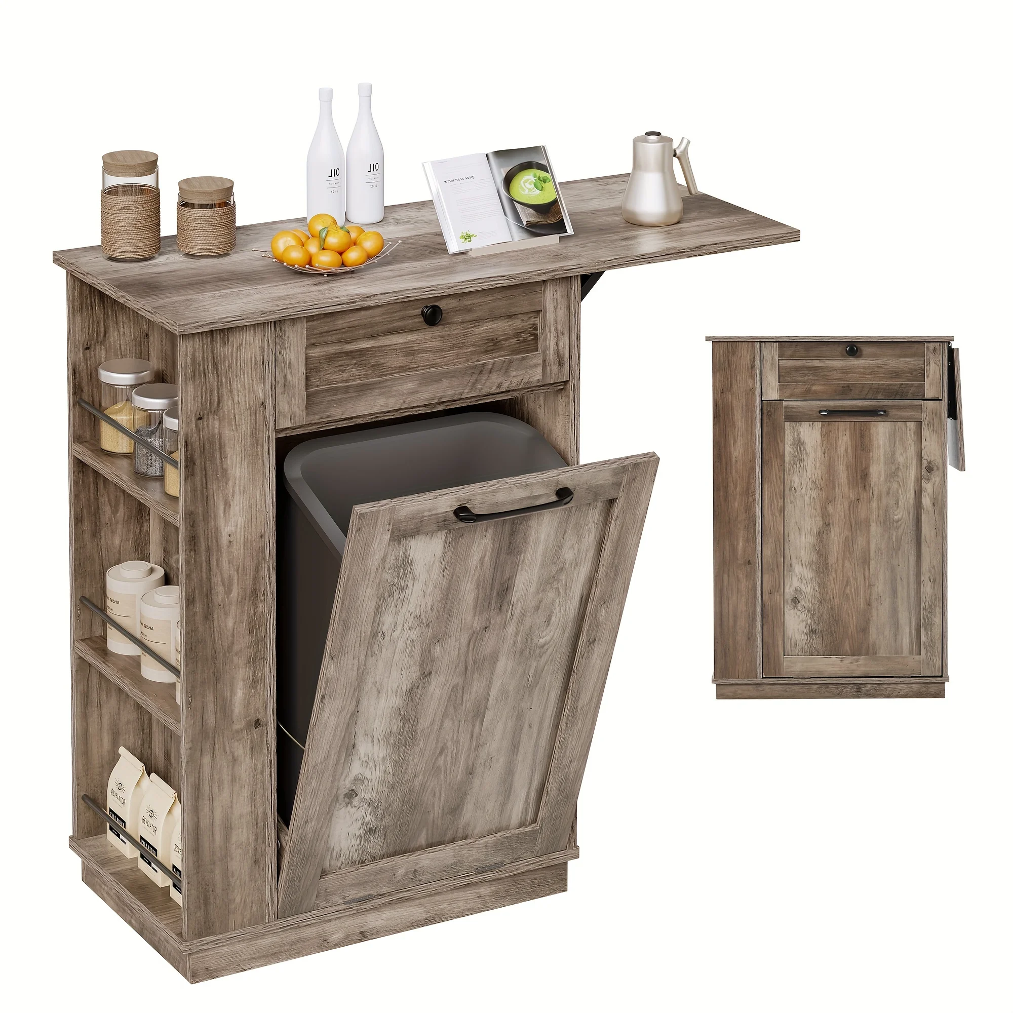 Kitchen Cabinet Garbage Bin Cabinet Tilt-Out Trash Can Cabinet With Storage Cabinet & Drop Leaf Antique Grey