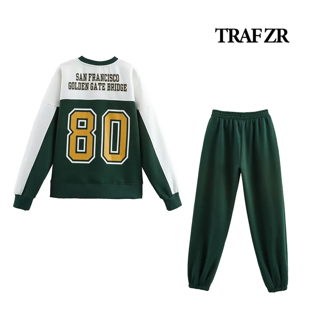 TRAF ZR Loose Cozy San Francisco Varsity Pants Set for Women Text Print V-Neck Sweatshirt+Adjustable Drawstring waistband Jogger