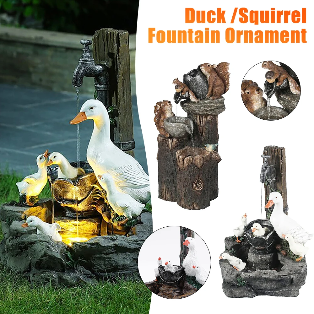 Duck Squirrel Solar Fountain Ornament Garden Duck Family Creative Statue Landscaping Decor for Outdoor Yard Garden Decor