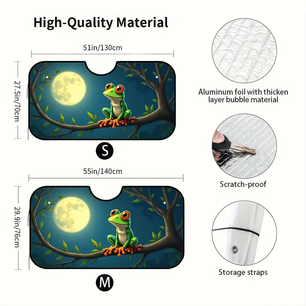 Car Sunshade For Heat Reduction, Featuring Frogs Under The Moonlight, Suitable For Different Sizes Of Windshields, This Accessor