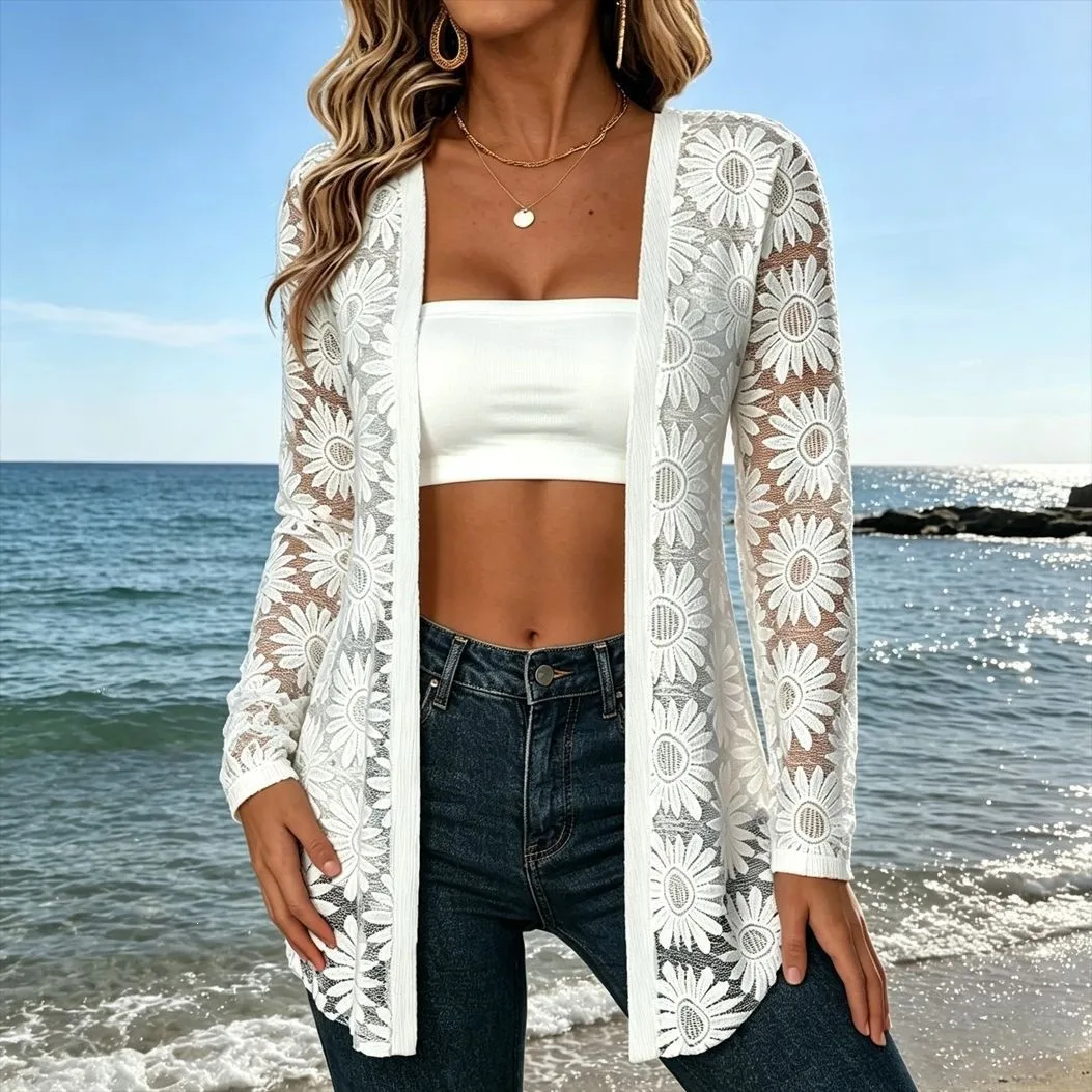 Summer Women Mesh Lace Beach Cover Up Long Cardigan Jackets Fashion Sheer Sun Protection Kimono Loose Swimwear Holiday Outerwear