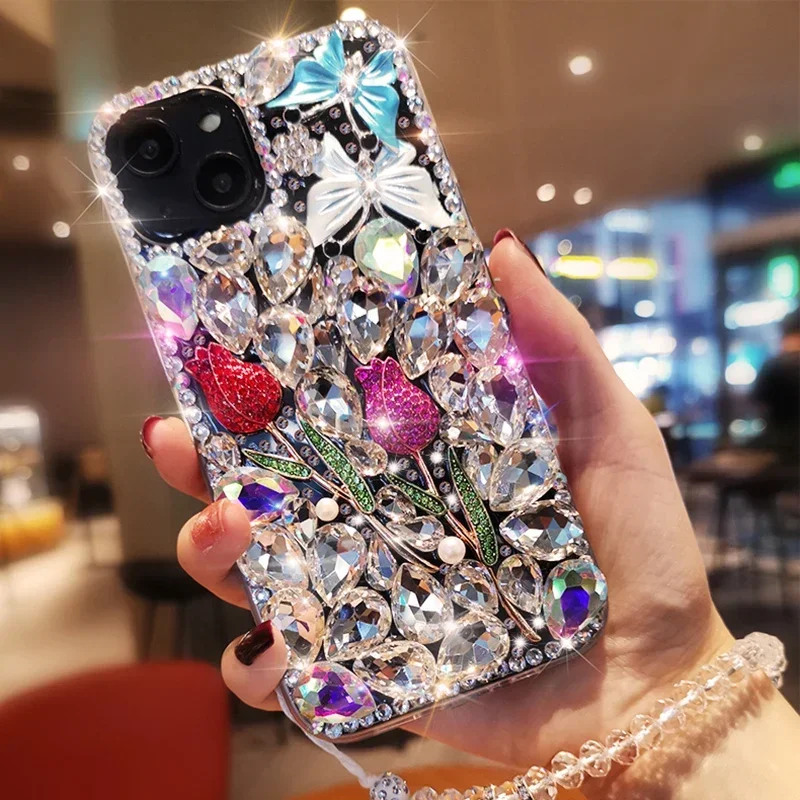 Rhinestone Flower Phone Cover for iPhone, Cute Diamond Butterfly Crystal Case, Luxury, 15, 14 16Pro Max, 13, 12, 16