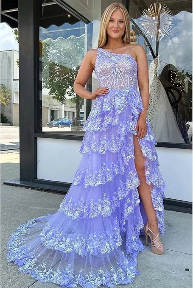

Кружевное тюлевое многоярусное платье на одно плечо для выпускного вечера с блестящими аппликациями и блестками, длинные макси-платья для торжественных вечеринок