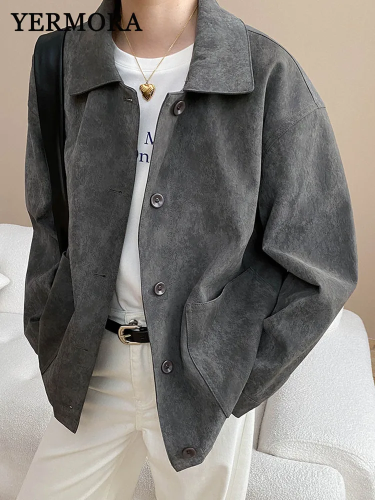 

YERMORA серая замшевая повседневная куртка с карманами на пуговицах для женщин, свободное новое пальто с длинными рукавами и лацканами, модное пальто, осень-зима 2025