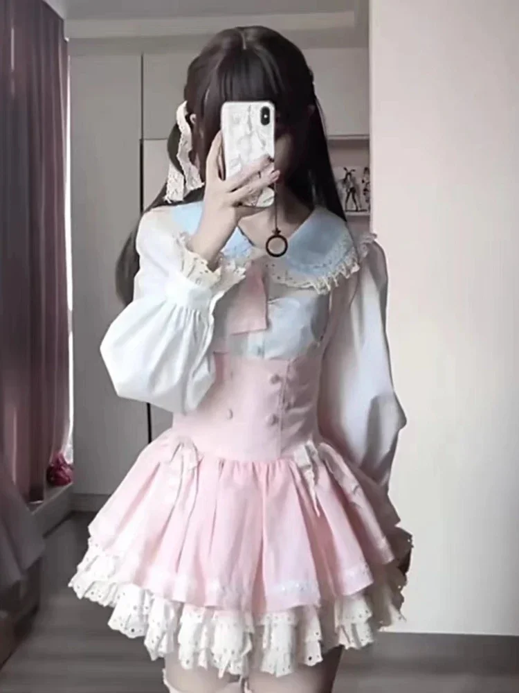 Kawaii styl japoński 2-częściowy zestaw wygodna bluzka + słodki różowy Y2k Mini spódniczka koronkowa Lolita modny garnitur kobieta projekt 2024 nowy