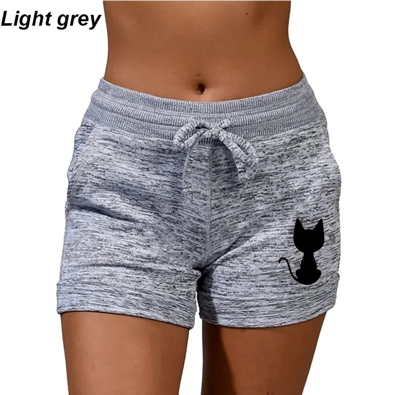 Trending Cute Cat Printed Women Shorts with Pockets and Drawstring High Waist Sport Stretchy Shorts Yoga Running Shorts