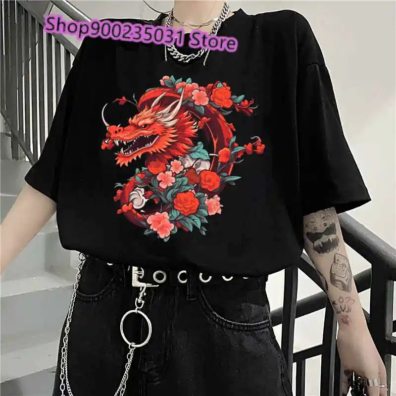 Women’s Clothing Red Chinese Dragon Short Sleeve Summer Tops T-Shirt Harajuku Retro Print Round Neck Short-Sleeved Drop,ship