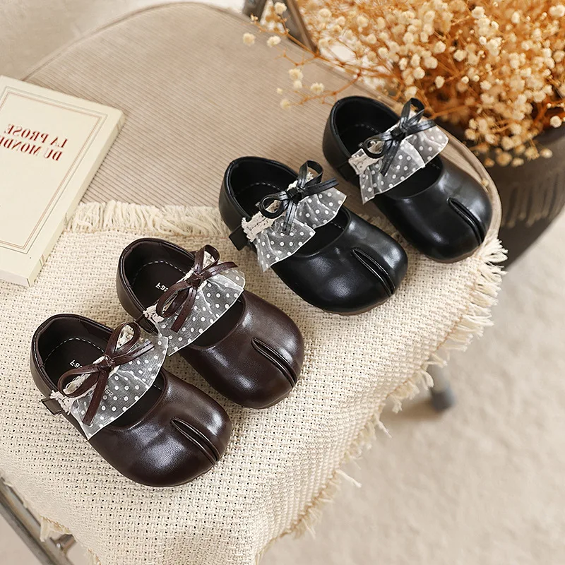 Split-toed Lace PU Leather Shoes Spring Autumn New Girls Bow Princess Shoes Soft-soled Loafer Flats Shoes