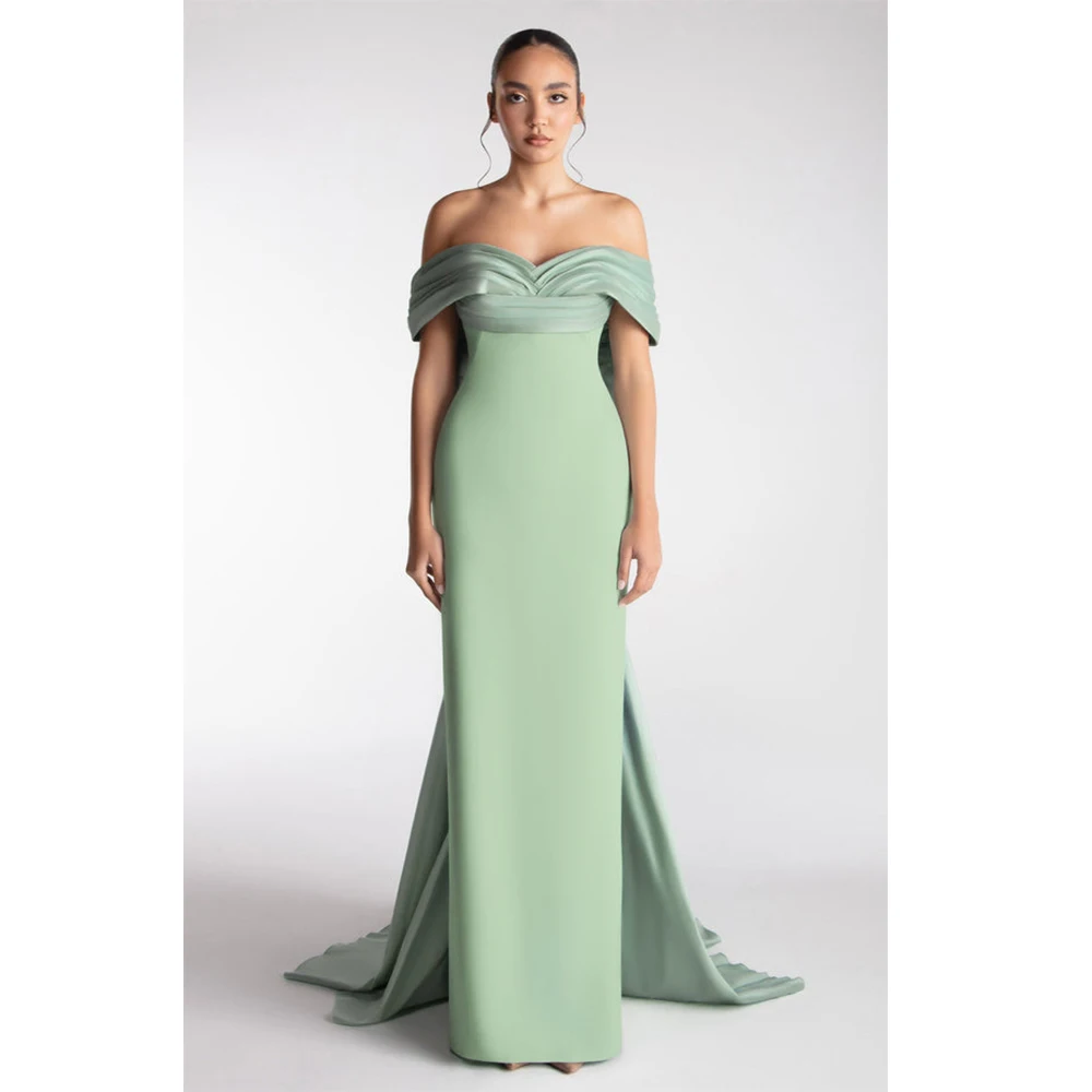 

Customized Green High Quality Satin Elegant Sexy Evening Dress Off the Shoulder Bow Prom Gowns A-line for Party for Floor Length