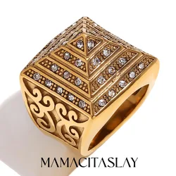 MamacitaSlay New In Vintage Four Story Pyramid Vine Waterproof Men Ring Luxury Stainless Steel Jewelry Man Accessories Gifts