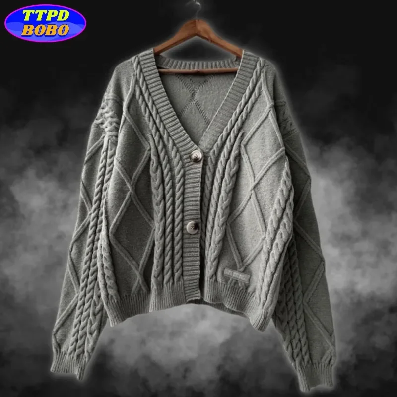 Autumn Knitted V-neck Long Sleeve Women's Grey Cardigans Winter Keep Warm Sweater Coat Fashion Solid Casual Tops 2025