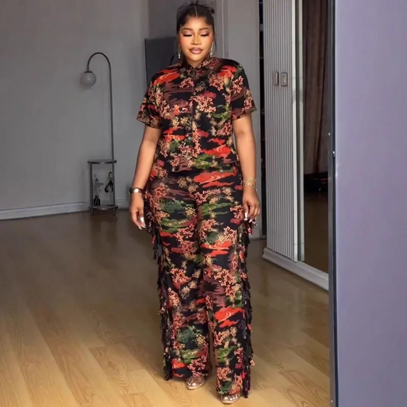 

Doyerl Printed Summer Outfits Women Two Piece Set Y2K Club Turn-down Collar Button Up Shirt Top and Tassel Pants Matching Sets
