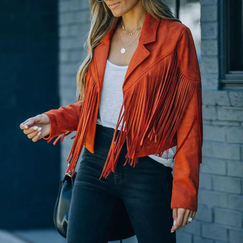 

Ladies Coat Stylish Fringe Tassel Cardigan for Women Slim Fit Notch Collar Jacket Trendy Fall Spring Coat with Long Sleeves