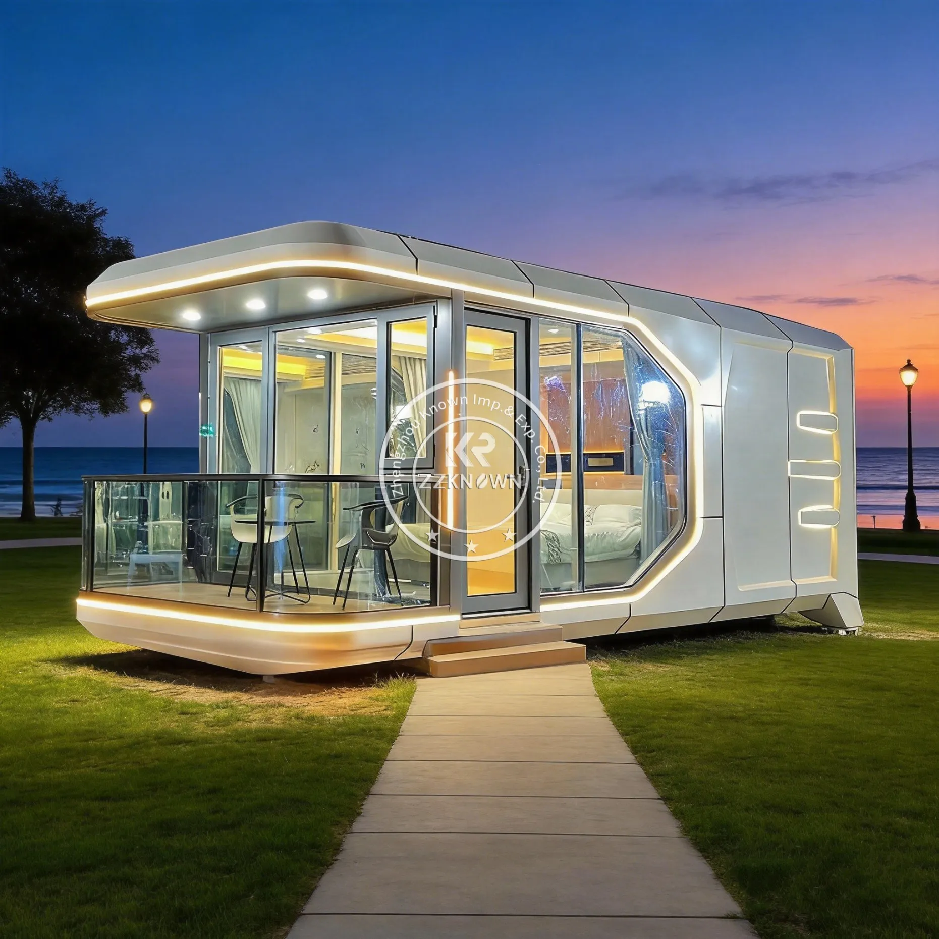 Space capsule bed and breakfast, mobile house with bathroom, shower, kitchen, large technology sense