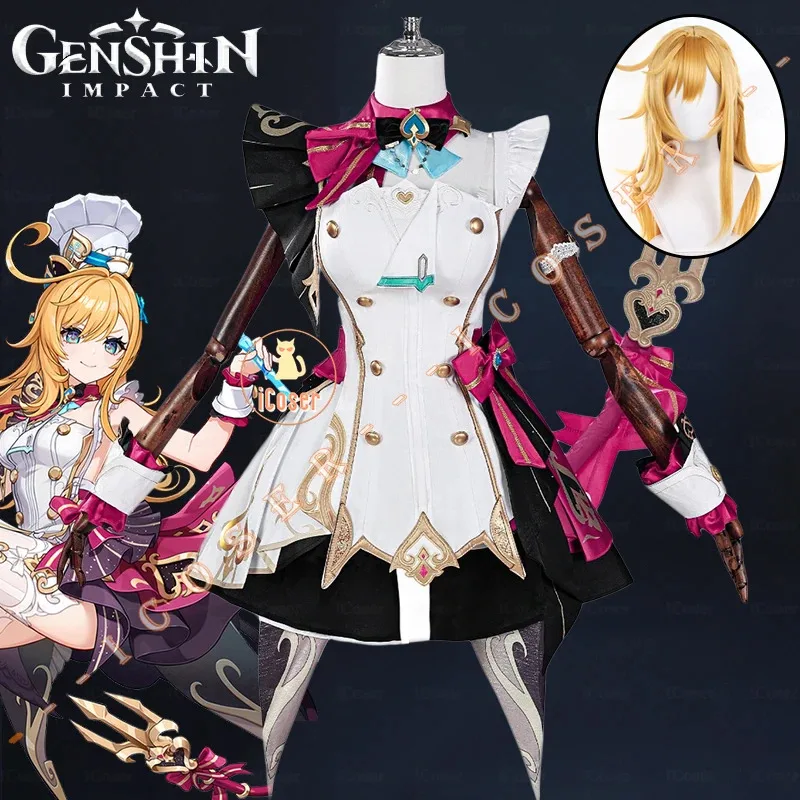 أزياء ICoser Genshin Impact Escoffier التأثيرية فستان شعر مستعار قبعة Ousia Fontaine التميز بطعم جيد لحفلات الهالوين للنساء