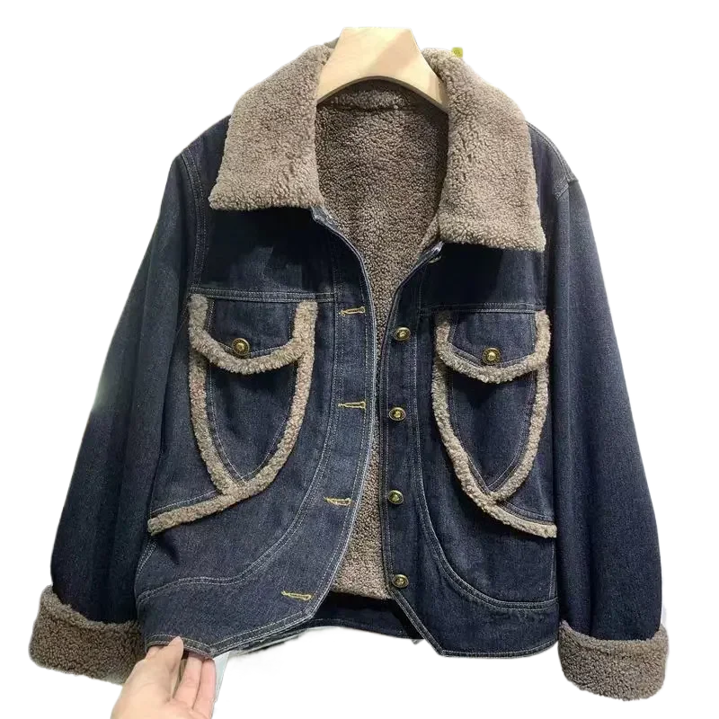 European Denim Jacket Women's Wool Wool to Overcome 2024 Autumn Winter Hong Kong Style Loose Slim Patchwork Jacket