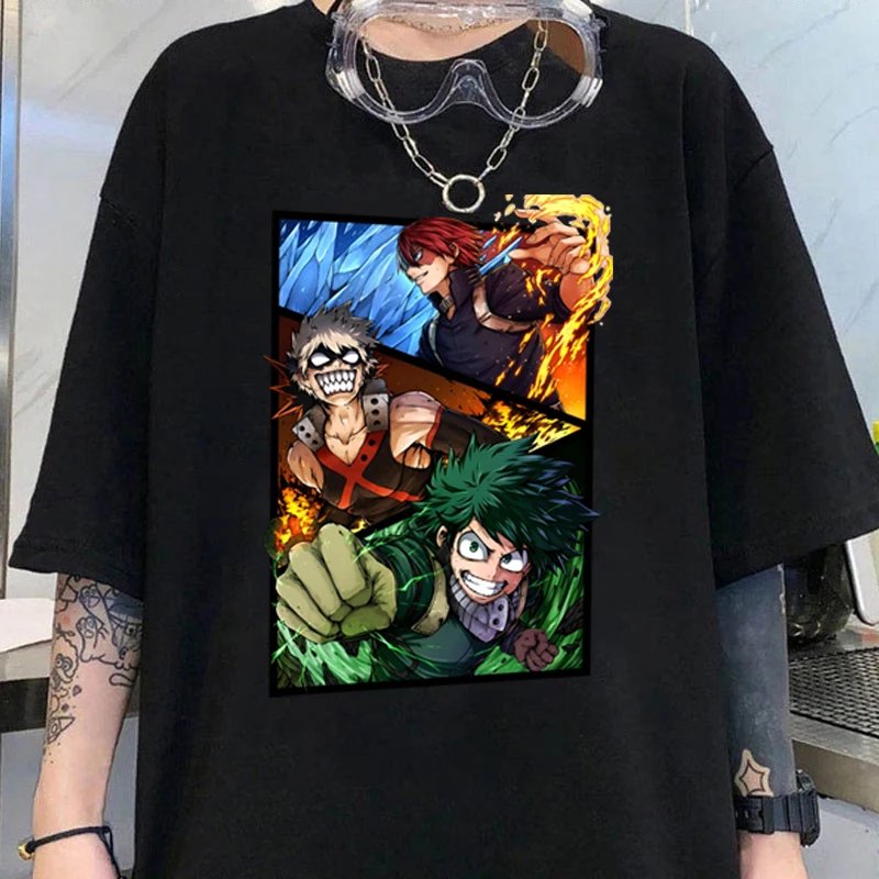 Hot Anime Deku Bakugou Katsuki Todoroki Shoto Print T-Shirt Women Men Loose Short Sleeve Round Neck Top Unisex Casual Shirt Tee