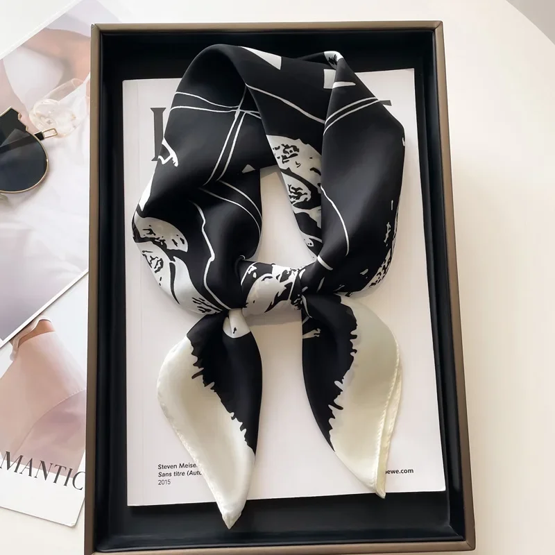 

Роскошный черно-белый шелковый квадратный шарф с принтом, женский мягкий атласный ободок для волос, шейный платок, офисный хиджаб, повязка на голову, платок, сумка, ленты, подарок