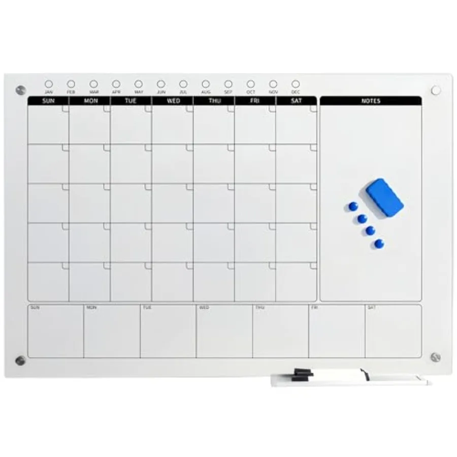 

Магнитный ультрабелый стеклянный календарь 48 x 36 дюймов, 3-в-1: ежемесячный и еженедельный планировщик - безрамочная премиальная доска для сухого стирания из закаленного стекла