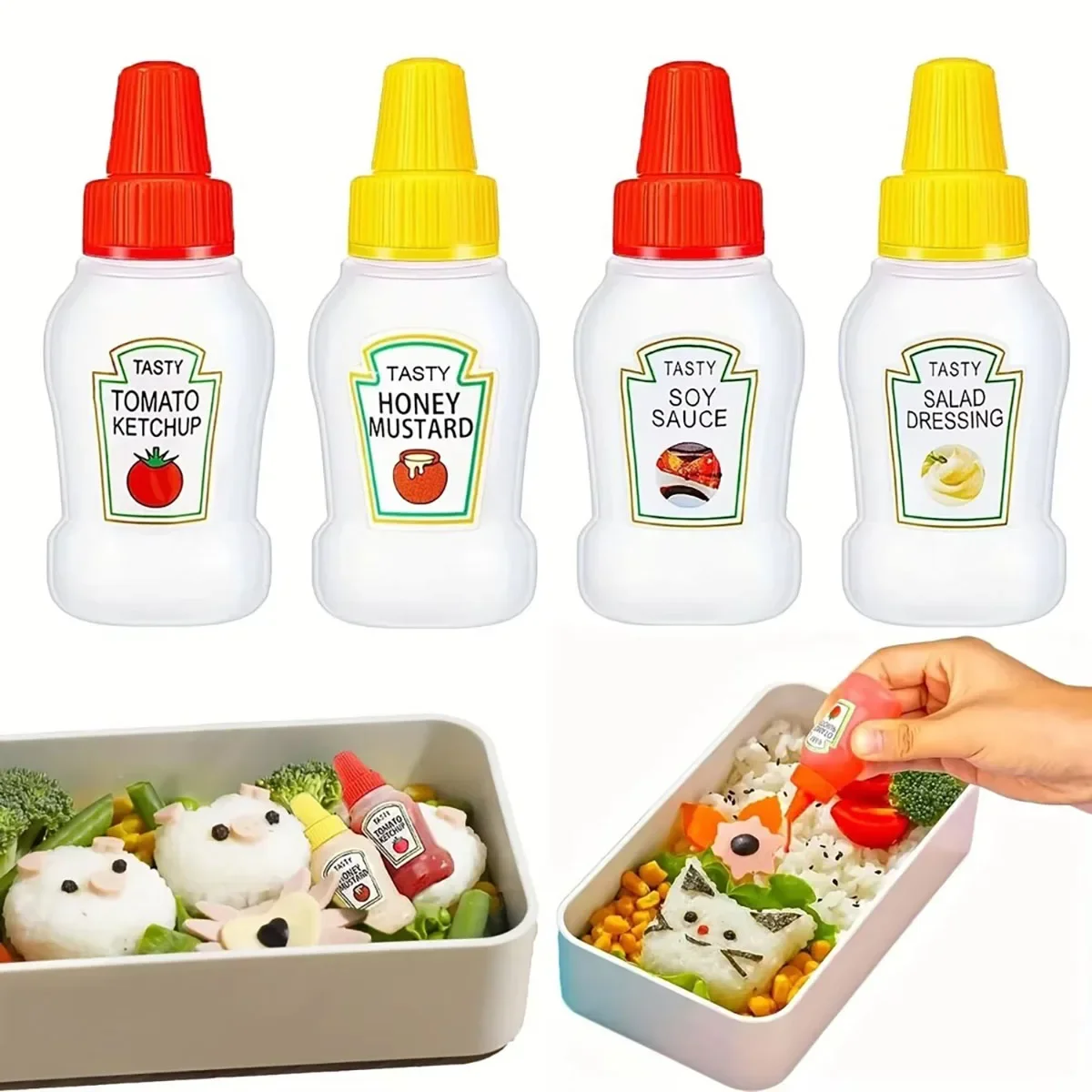 4-teilige Mini-Tomatensauce-Flasche, Gewürz-Quetschflasche, tragbare Kunststoffbehälterflasche, geeignet für Erwachsene, Büros ﻿