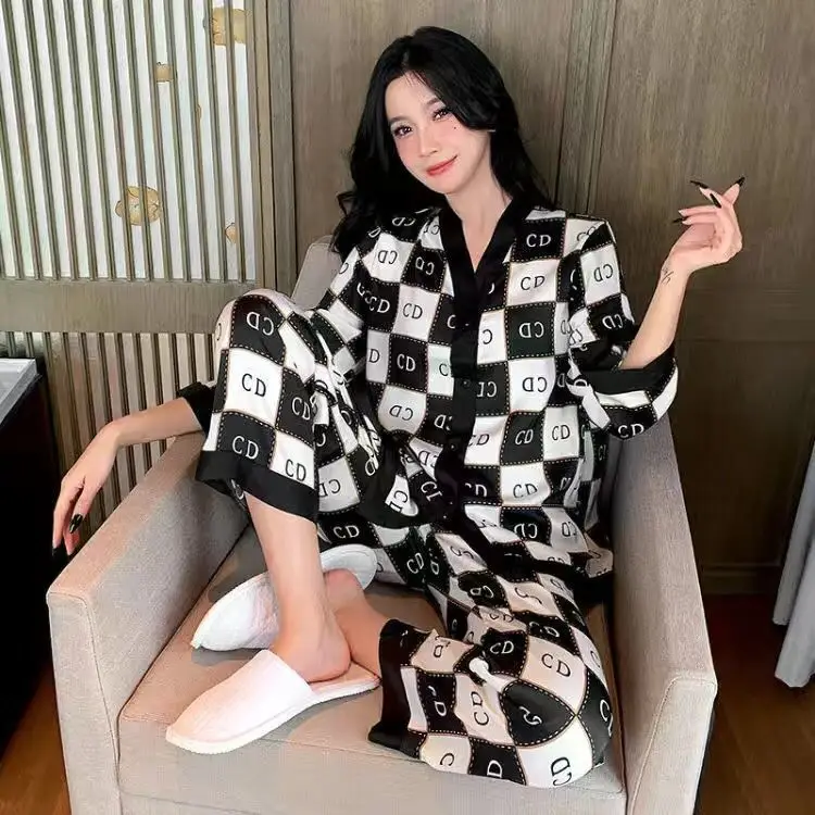 Ice Silk Pyjamas Luxury Pajamas For Women Long-sleeve Pijama Mujer Spring Pijamas Femininos Summer Fashion Sleepwear 2pcs 5XL