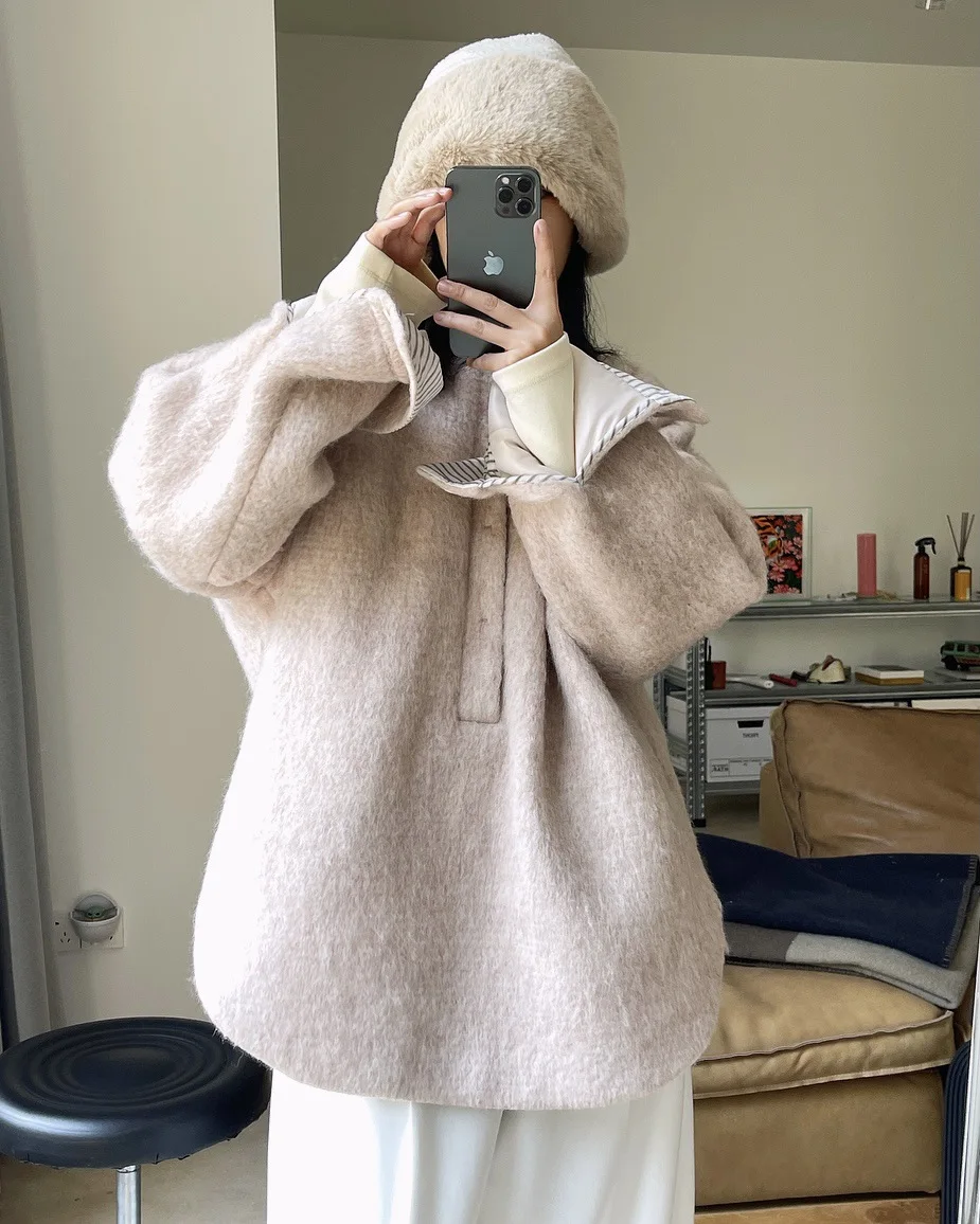 Winter Leisure and Lazy Long Wool Mohair Wool Coat Warm Solid Wool Coat For Women