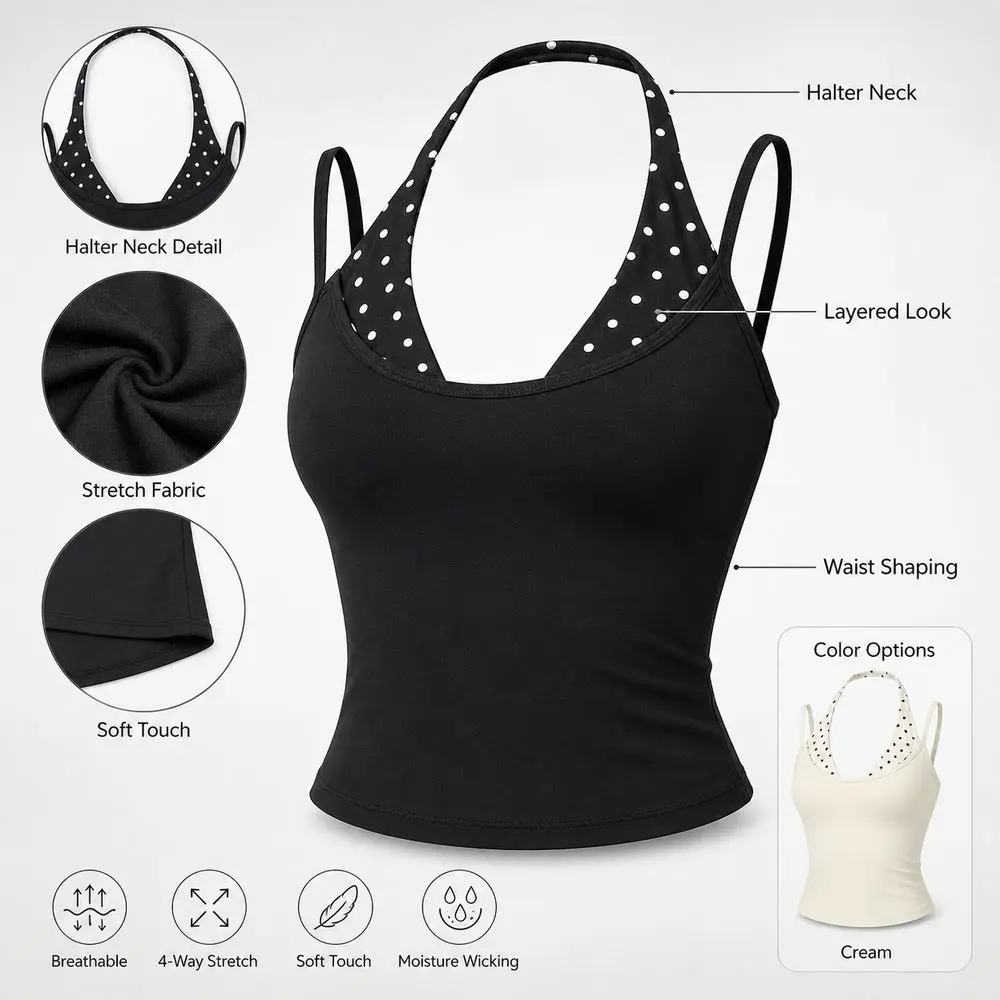 Polka Dot Yoga Tank Top Removable Padding Faux Layered Sports Bra Tank Built In Bra Double Strap Athletic Camisole Yoga Practice
