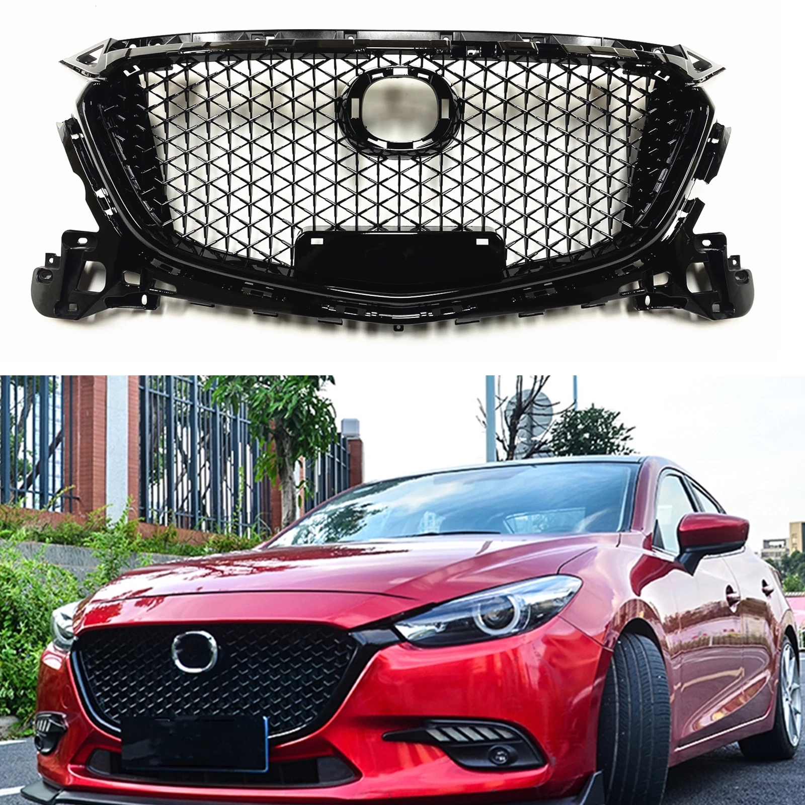 

Front Grille Racing Grills For Mazda 3 Axela 2017-2018 Honeycomb Style Gloss Black Upper Bumper Intake Hood Radiator Mesh Grid