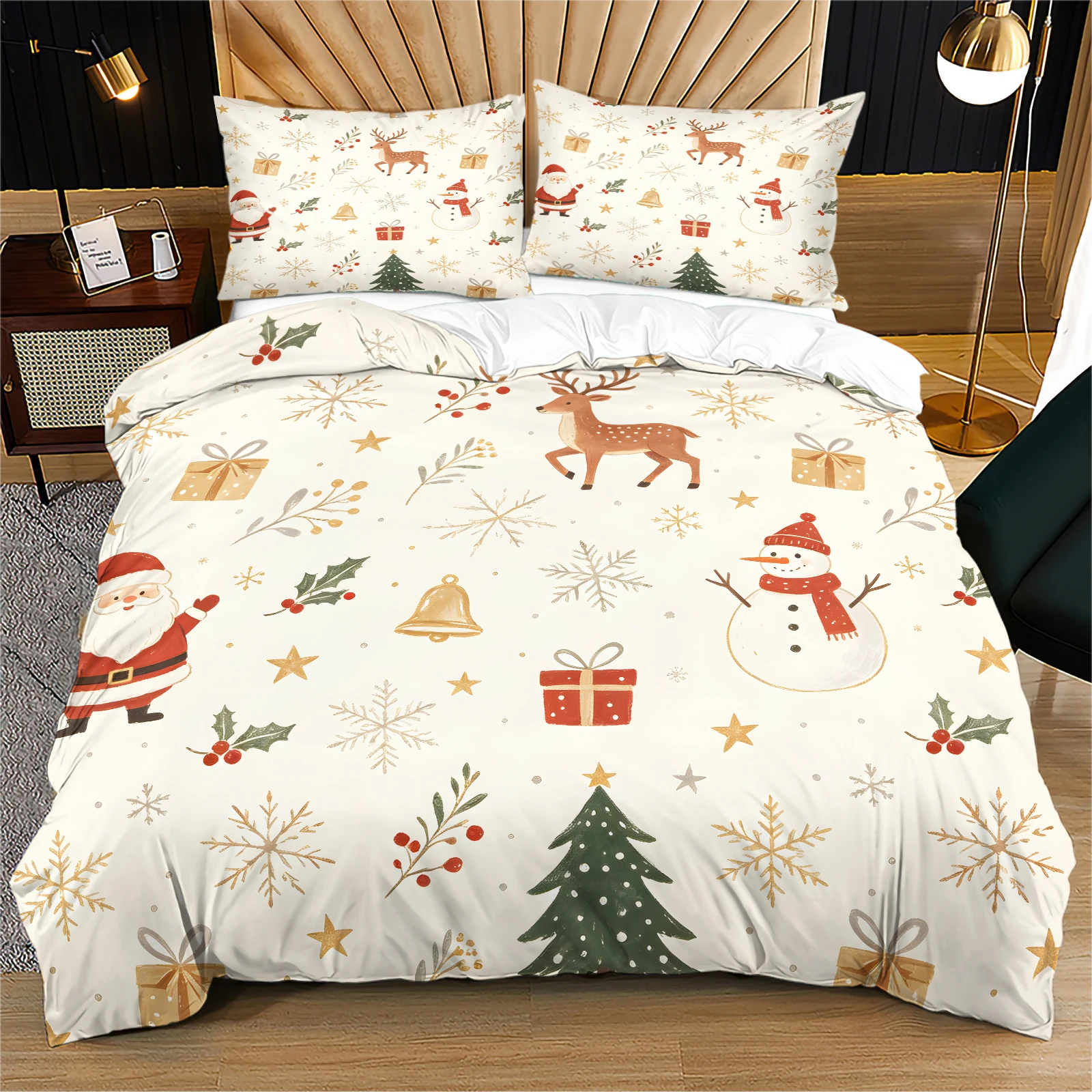 Vintage Christmas Duvet Cover Set Santa Snowman Reindeer Xmas Tree Gift Snowflake Print Bedding Set Quilt Cover With Pillowcase