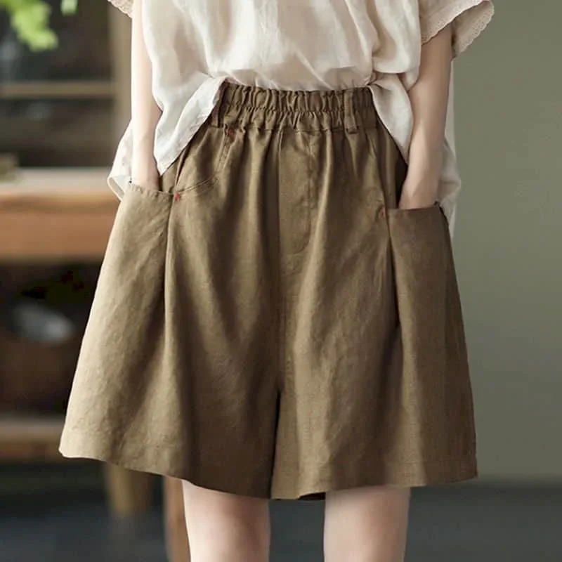 여성을위한 팝 솔리드 반바지 여름 캐주얼 코튼 스트레이트 짧은 바지 한국 스타일 탄성 허리 5 점 바지 여성 Clothi