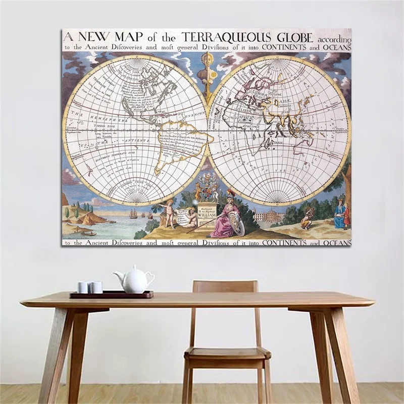 90*60cm Vintage mapa włóknina obraz na płótnie dekoracyjny obraz ścienny wydruki artystyczne salon dekoracja wnętrz przybory szkolne