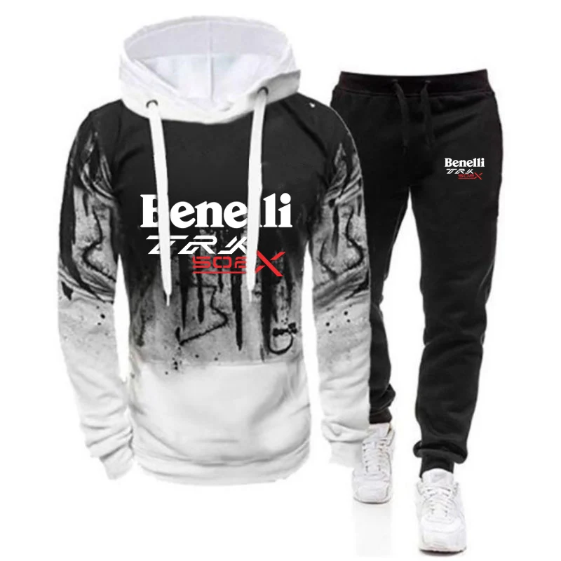 

2025 Spring And Autumn Man's Benelli TRK 502X MOTORCYCLE Logo Print Gradient Color Pullover Hoodies+Drawstring Pants Suits