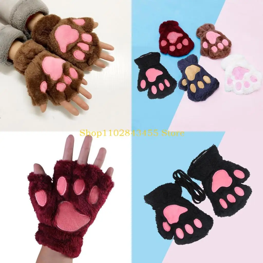 49MC 1Pair Women Girls Lovely Winter Warm Fingerless Gloves Bear for Cat Paw Claw Plush Half Finger Mitten with String