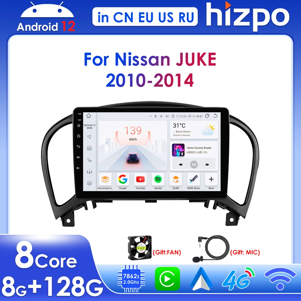 

Hizpo Wireless Carplay Android Auto for Nissan JUKE 2010-2014 Car Multimedia Radio Player Stereo GPS Navi 4G BT RDS DSP 2din SWC