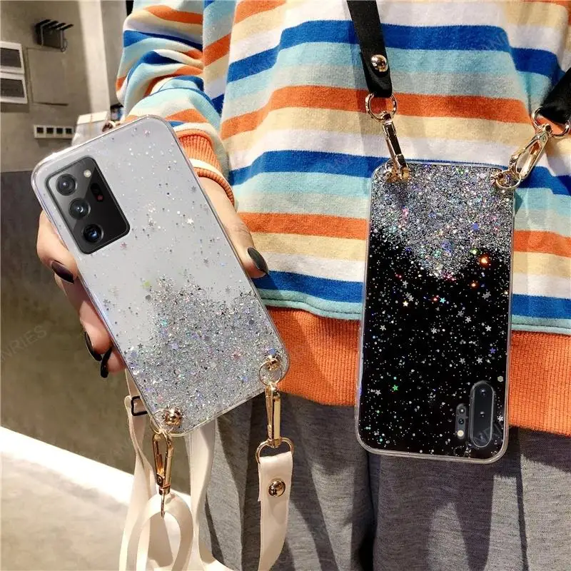 Note20 Note10 9 8 Crossbody Lanyard Glitter Clear Case For Samsung Galaxy Note 20 Ultra 10 Plus Lite 5g Cord Silicone Cover