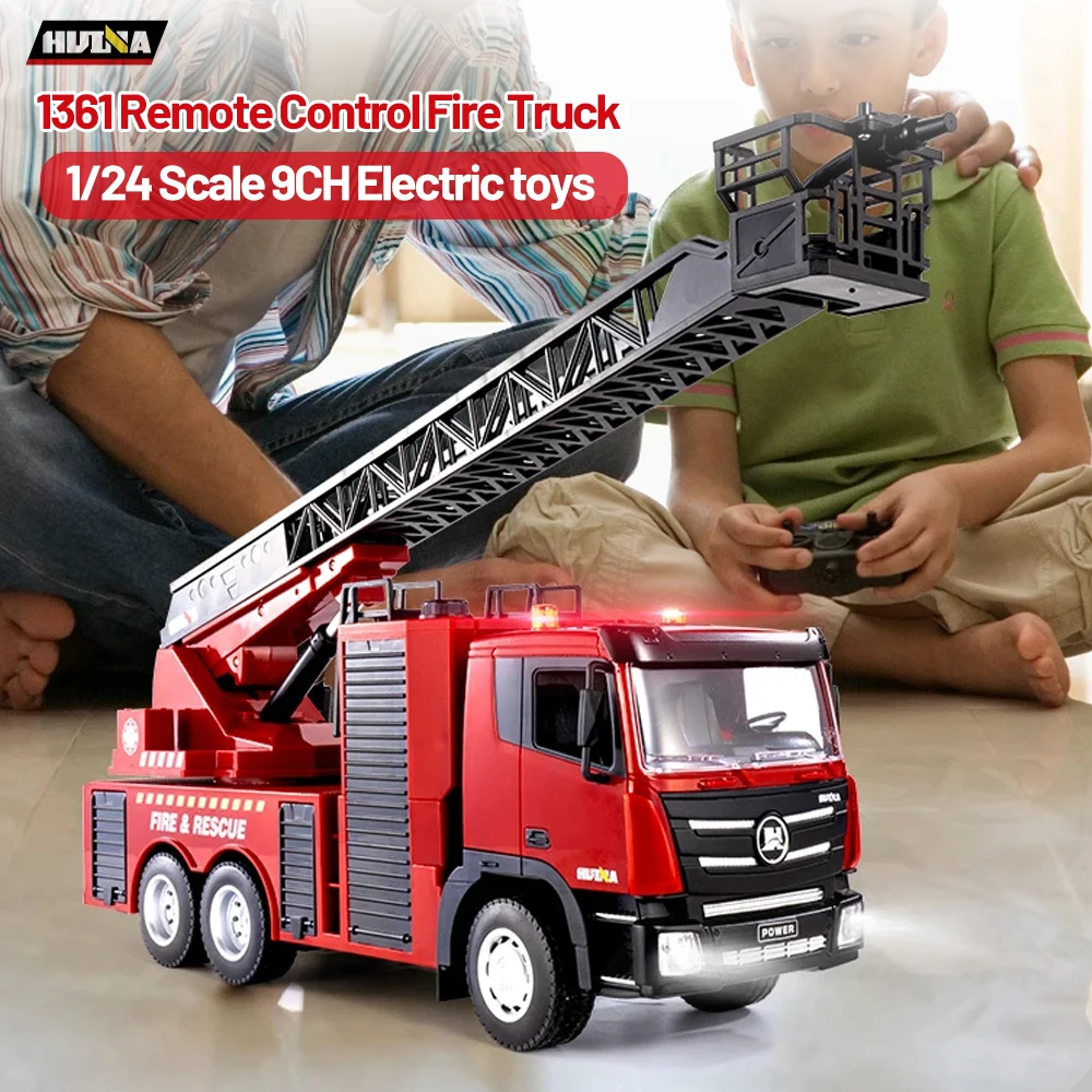 HUINA 1361 Remote Controlled Fire Truck 9CH 1/18 Scale Red Half Alloy Simulation RC Electric Toy with Water Spray Function
