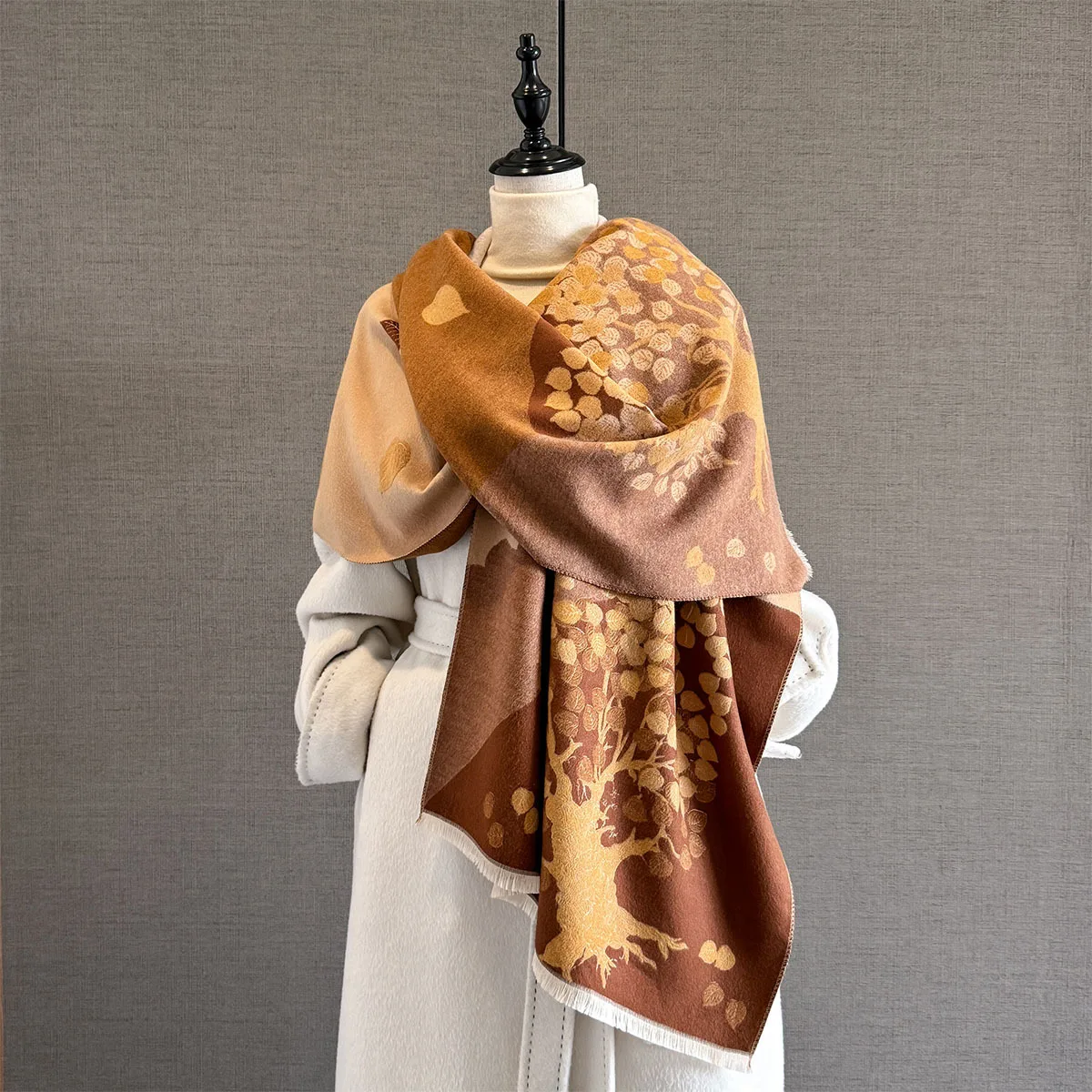 Women Faux Cashmere Scarf Autumn Winter Thick Warm Large Tree Print Shawl Wrap Soft Dual Purpose Fashion Outerwear Blanket Scarf