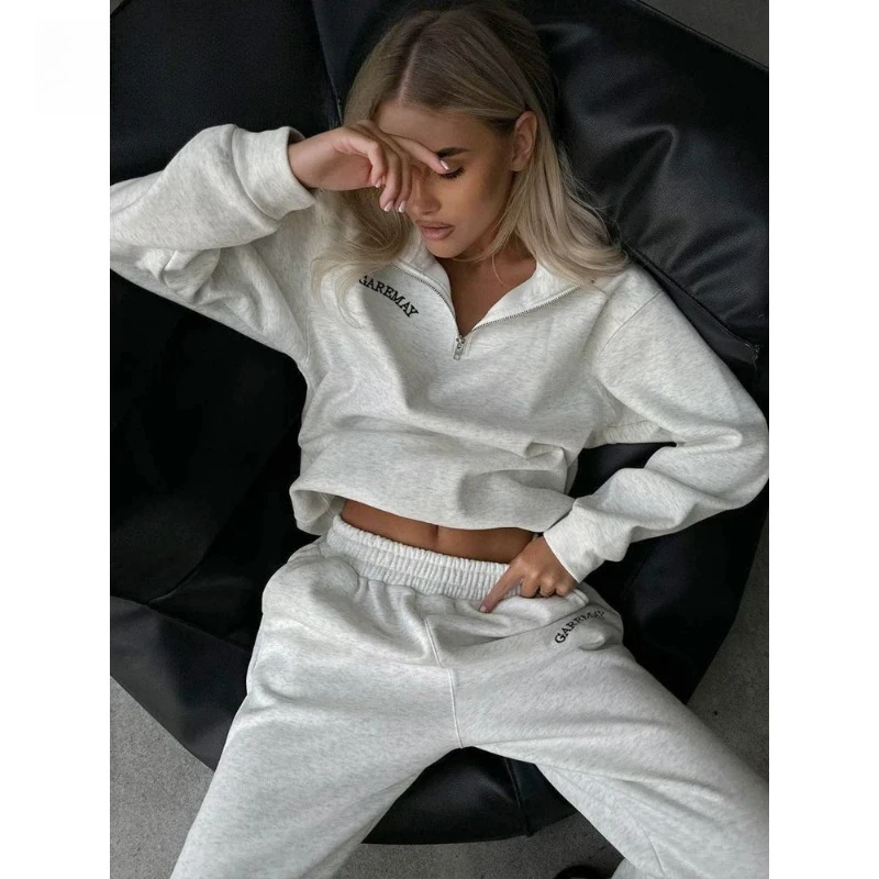

Autumn Women's Tracksuit with Zipper Cotton Oversize White Casual Two Piece Set Women Classic Sports Trouser Suits for Women
